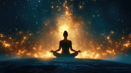 A person sits in a lotus position, gazing at a space filled with stars