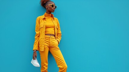 Stylish Young Woman in Yellow Fashion Outfit Standing Against Blue Background