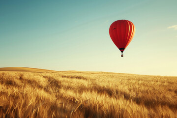 Obraz premium A single balloon soaring above a field of golden wheat, capturing the essence of harvest season.
