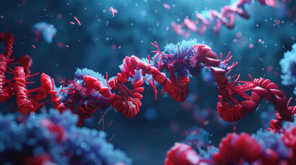 A vivid depiction of the detailed structure of a DNA double helix with surrounding molecular elements in shades of red and blue