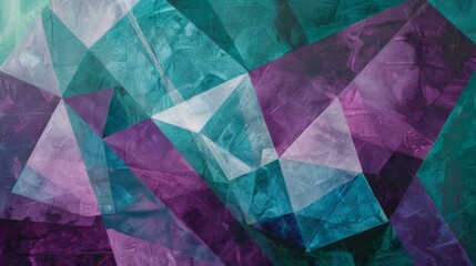 Geometric shapes in shades of purple and teal form a modern texture.