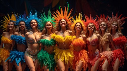 Diverse Group of Performers in Colorful Carnival Costumes with Feathers