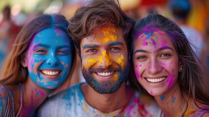 Fototapeta premium Joyful Young People Celebrating with Colors at a Festival in India, Smiling Faces and Vibrant Hues