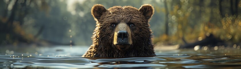 A large, wet grizzly bear emerges from a river, its fur matted and dripping