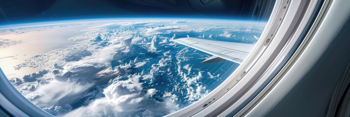 The earths surface is visible from an airplane window as the aircraft flies high above. The landscape below shows a mix of land, water bodies, and clouds