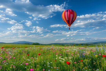 A single balloon soaring above a field of wildflowers, symbolizing freedom and natural beauty.