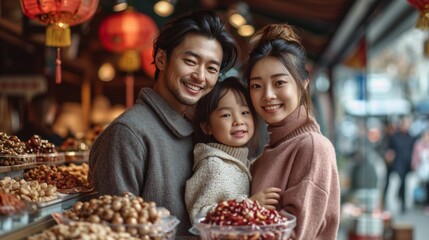 Obraz premium Happy Asian Family Shopping in a Lively Market During Chinese New Year