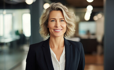 Portrait of confident happy smiling businesswoman standing in the office and looking at camera