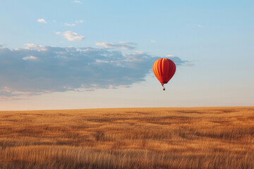 Fototapeta premium A single balloon soaring above a field of golden wheat, capturing the essence of harvest season.
