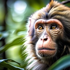close up portrait of a monkey focused gaze framed by lush thai forest foliage ambient natural