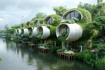 Stilted Floating City: Bridges, Gardens, Wind Turbines, Tranquil Lake View