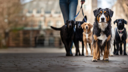 Dog walkers in a City street with a group of different breed dogs