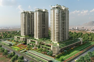 Obraz premium Sustainable High-Rise Architecture Design with Green Roofs and Rainwater Harvesting for Residential Tower