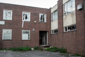 Business premises abandoned after 2007-2008 financial crisis, and damaged by vandalism