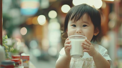 Portrait closeup Asian child drinking milk on glass at breakfast blur background. AI generated image
