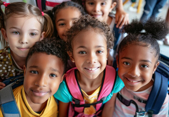 Children, students and happy portrait in school or kindergarten for learning education and social interaction. Classmates, learners and excited with diversity on campus for growth and development.