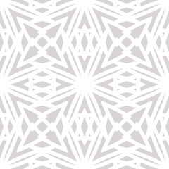 Abstract geometric mosaic ornament. Gray and white vector seamless pattern with grid, lattice, ornamental shapes, floral silhouettes. Simple minimal background texture. Repeated decorative geo design