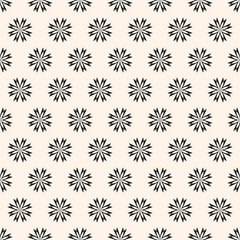Simple black and white abstract floral seamless pattern. Minimal vector texture with small geometric flower silhouettes. Elegant monochrome background. Repeated geo design for decor, textile, package