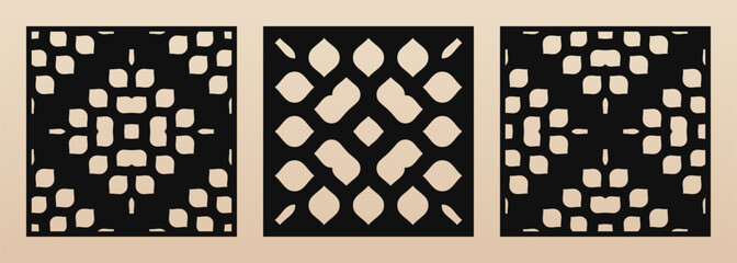 Decorative panels for laser, CNC cut. Vector stencils with abstract geometric pattern, floral grid, lattice, leaves ornament. Template for cutting of wood, metal, paper, plywood. Aspect ratio 1:1