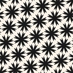 Simple abstract geometric floral seamless pattern. Minimal black and white vector texture with big flower silhouettes. Stylish monochrome background. Repeating geo design for decor, print, textile