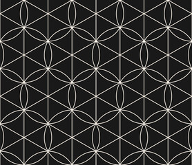 Modern minimal vector geometric seamless pattern with thin lines, hexagons, triangles, circles, grid. Black and white abstract background. Simple dark minimalist linear texture. Repeated geo design
