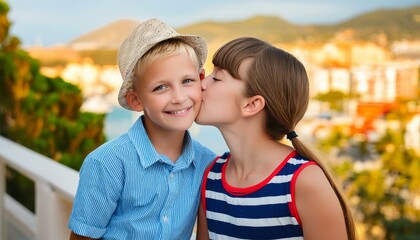 A girl kissing a boy. A girl giving her brother a kiss.