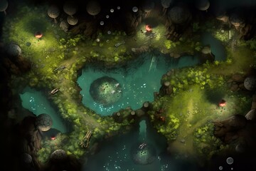 Fototapeta na wymiar DnD Battlemap cavern, fungal, forest, dark, mysterious