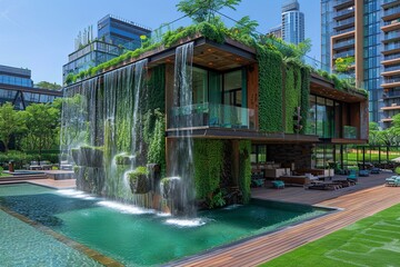 Vertical Garden Oasis: Living Architecture with Lush Vegetation and Cascading Waterfalls
