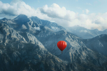 A single balloon drifting against a backdrop of a majestic mountain range, showcasing the beauty of nature.