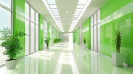 illustration of an empty white Interior in a bright modern hospital hallway with a green wall background.Ai generated