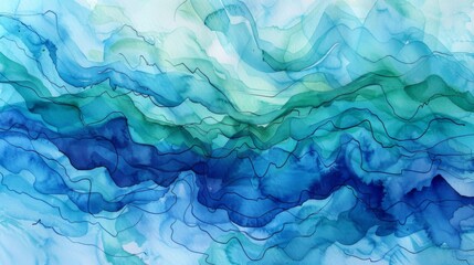 Rippling waves of watercolor paint in shades of blue and green.