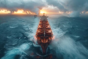 A watercraft floats on liquid amidst a natural landscape of sky and water