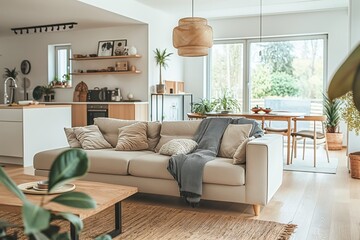 A living room with a couch, a coffee table, and a potted plant