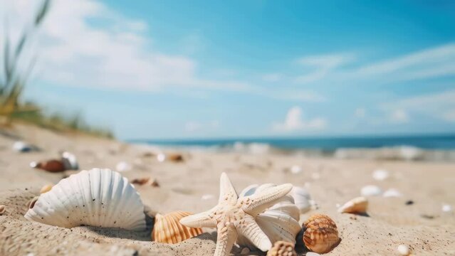 A beach scene with a starfish and shells on the sand