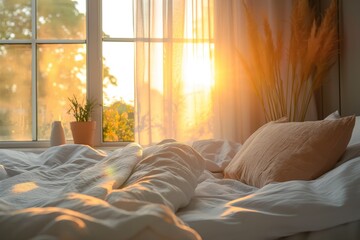 A bed with a white comforter and a pillow with a sunflower design