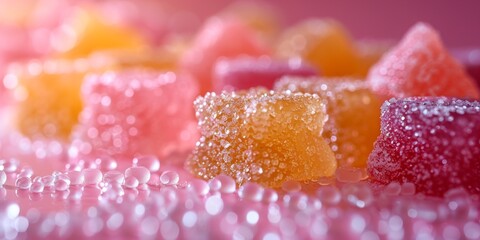 whimsical array of colorful gummy bears resting on top of a wooden table, creating a delightful and playful scene.