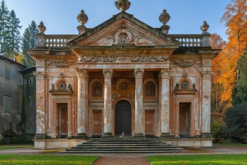 Fototapeta premium Opulent Neoclassical Mansion: Intricate Details, Grand Pillars, Symmetrical Facade