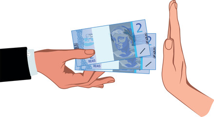 A mão de um indivíduo é mostrada rejeitando uma nota de 2 reais, indicando discernimento e prudência financeira