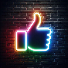 Neon retro rainbow thumbs up sign on brick wall icon logo