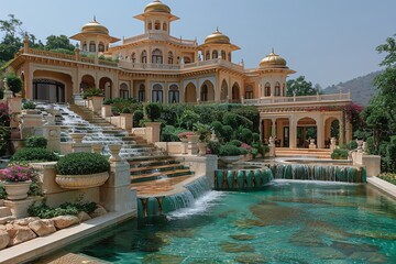 Naklejka premium Opulent Golden Domes and Cascading Water Features: Majestic Hotel Architecture