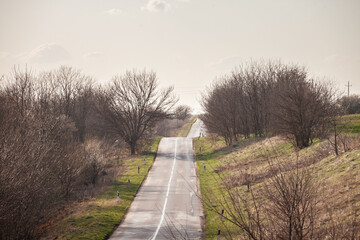 typical countryside asphalted road passing by agricultural fields, trees, in Vojvodina, Serbia, Central Serbia, in a typical European rural environment.