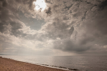 Panorama of Saulkrasti beach (Saulkrastu Pludmale), on the baltic sea, on a rainy cloudy afternoon....