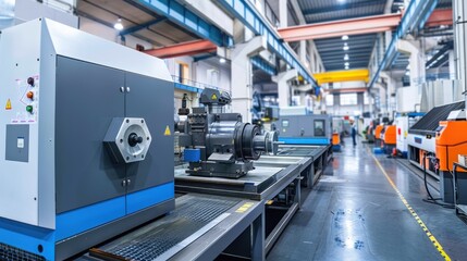 Illustration Industrial Interior of Factory with modern machine equipment and conveyors. Ai generated