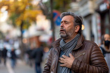 Fototapeta premium Man Experiencing Chest Pain on a Busy City Street During Daytime