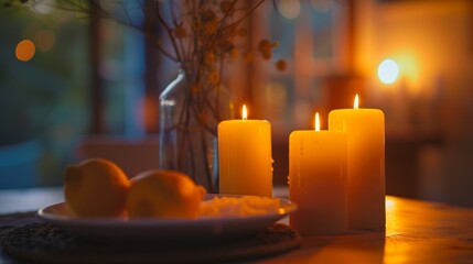 The warm glow of candles casting a soft light on a homemade meal prepared with love and care.