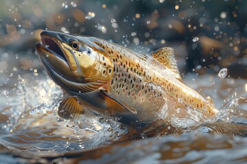 A brown trout leaps from liquid as a salmonlike fish