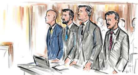 Courtroom Trial Sketch Showing Lawyer and Defendant or Plaintiff Standing Inside Court of Law Drawing