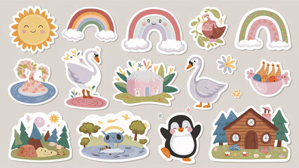 Set of themed stickers variety of characters and objects, unique color palette and design