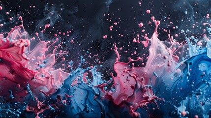 mesmerizing dance of blue and pink liquids colliding and splashing on top of each other, creating a stunning visual spectacle.