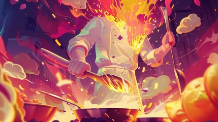 Bring to life a dreamlike world where a chef, surrounded by floating utensils and oversized ingredients, crafts dishes under a fantastical sky using luminescent flames and ethereal glows